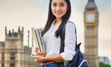 Firefly create a study in UK poster with Indian girl holding books and bag. girl should wear the whi (1)